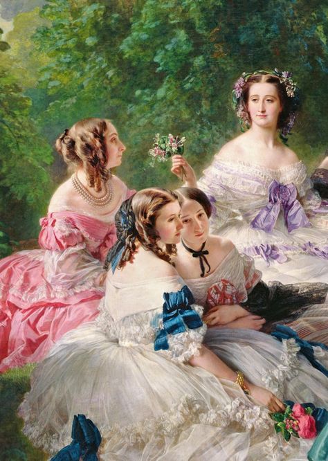 Franz Xaver Winterhalter -The Empress Eugénie Surrounded Her Ladies in Waiting (details), 1855 Empress Eugenie, Franz Xaver Winterhalter, Rococo Art, Victorian Paintings, Lady In Waiting, Historical Painting, Edgar Degas, Classic Paintings, Victorian Women