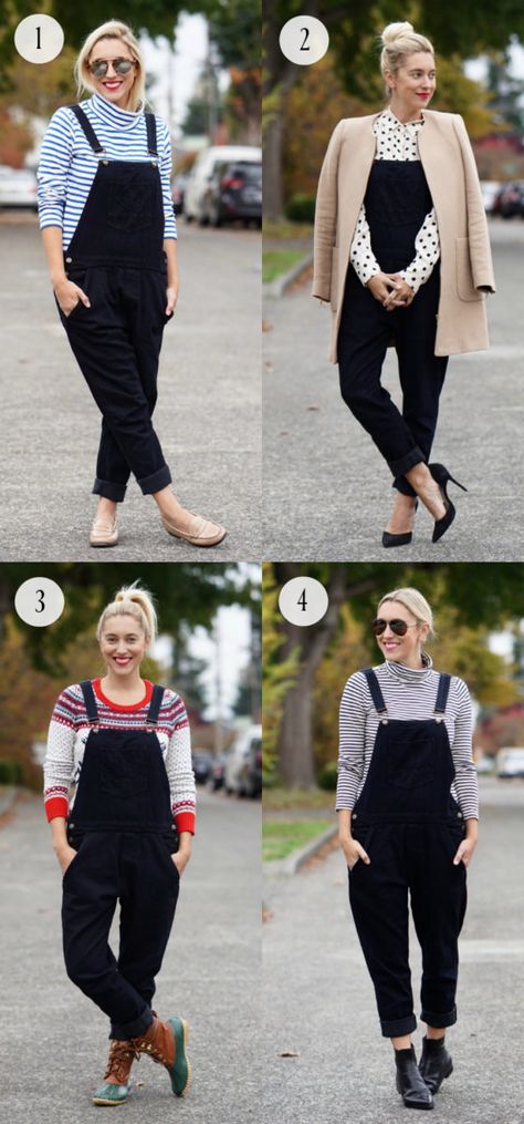 Black Dungarees Outfit Winter, Black Overalls Outfit Winter, Black Overalls Outfit Fall, Bib Overalls For Women Outfit Ideas, Black Dungarees Outfit, Striped Overalls Outfits, Overalls Winter Outfit, Denim Dungarees Outfit, Roadtrip Outfits