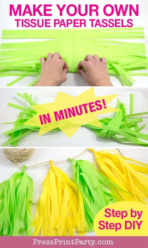 Paper Tissue Decorations, Tissue Paper Streamers Diy, How To Make Tissue Paper Tassels, Decorating With Tissue Paper, Crete Paper Decorations, How To Make Paper Tassels, Home Made Party Decor, Diy Birthday Streamers, Tissue Paper Party Decorations