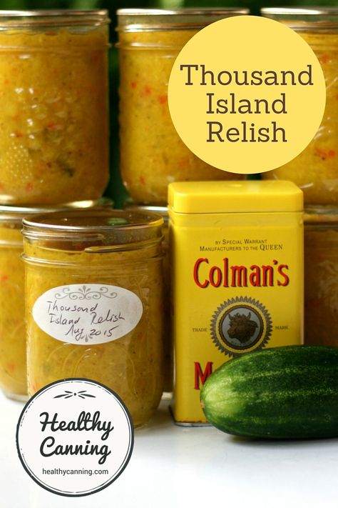 Cucumber Relish Recipes, Healthy Canning, Cucumber Relish, Canning Pickles, Home Canning Recipes, Canning Vegetables, Mustard Pickles, Thousand Island, Thousand Island Dressing