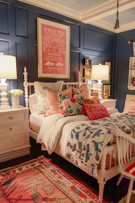 Escape to elegance in your bedroom with preppy decor using 38 ideas. Discover tips for creating a charming and stylish haven effortlessly. #ElegantEscape #PreppyBedroom Homey Feeling Bedroom, Quilt On Wall In Bedroom, Large Kids Bedroom Layout, Martha Stewart Bedroom, Grand Millennial Bedroom Master, Charming Home Decor, Guest Room With Day Bed, Navy Bed Bedroom Ideas, Colorful Guest Room