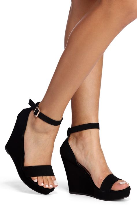 Black The Next Level Wedge Heels Wedge Heels Black, Hello 30, Ankle Strap Chunky Heels, Black Wedge Shoes, Shoe Ideas, Heel Accessories, Prom Heels, Heels Classy, Bridal Sarees