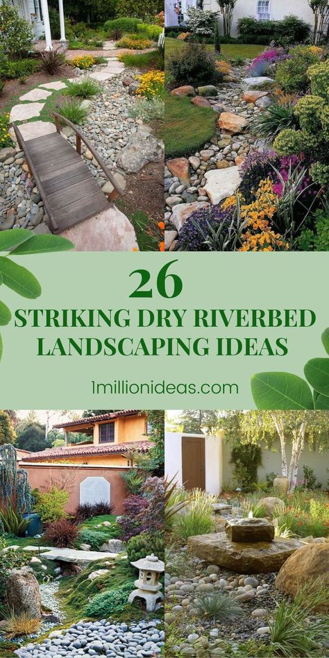 When it comes to the garden, growing plants is not all. Ever thought of renovating your garden? There are many designs that make the look of the garden more attractive. If you are on the track to finding your own inspiration, the post today is for you. Maybe a dry creek bed or dried upstream is what you looking for. Dry River Bed Garden Ideas, Riverbed Landscaping, Dry Riverbed Landscaping, Rain Garden Design, River Rock Garden, Dry Creek Bed, Tattoo Plant, Dry River, River Rock Landscaping