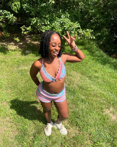 Crochet cotton candy Two Piece set on the lovely @itssmeyka. Set Notes: Caron Blossom Cakes Yarn: acrylic/cotton blend Size:M/L curvy Pricing: Top$30 Bottom$60 (Pricing subject to change for larger sizes/intricate designs) . . . . . . . . . . . #crochet #diy #tutorial #crochettutorial #crochetpattern #crochetpatterns #crochetdesign #crochetersofinstagram #handmade #crochetaddict #crochetfashion #handmadeclothing #crochetinspiration #crochetinspo #slowfashion #crochetpatterntester #crochetp... Caron Blossom Cakes, Crochet Diy, Intricate Designs, Crochet Fashion, Two Piece Set, Handmade Clothes, Crochet Designs, Crochet Tutorial, Slow Fashion