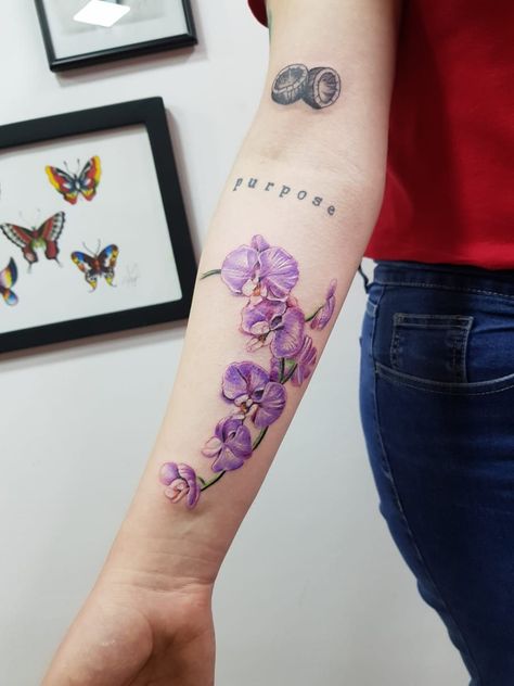 Orchid Tattoo Purple, Orchid Forearm Tattoo Women, Orchid Color Tattoo, Orchid Arm Tattoos For Women, Orchid Tattoo Design For Women, Orchid Hand Tattoo, Orchid Tattoo Color, Tattoo Orchid, Orchid Tattoo Design