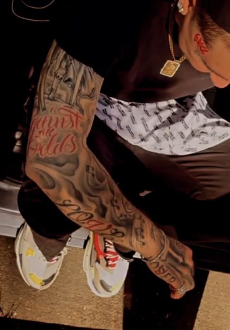 Men Hood Tattoos, Tattoos For Hood Men, Thug Neck Tattoo, Flames Forearm Tattoo, Men’s Sleeve Idea, Sick Sleeve Tattoos, Shaded Neck Tattoos, Red And Black Tattoos Men, Red Arm Tattoo Men