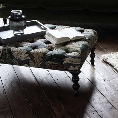 William Morris footstool- A beautiful deep buttoned footstool with banister dart stained legs. In a stunning velvet by William Morris. #sofasandstuff #wiliammorris #buttonedfootstool #velvetfootstool #traditiondecor #bespoke #interiordesign #interiorideas #homedecor #bespoke Buttoned Footstool, Handmade Sofas, Sofa Workshop, Small Corner Sofa, Velvet Footstool, Bespoke Sofas, Chair Sofa Bed, Sofa Handmade, Corner Sofas