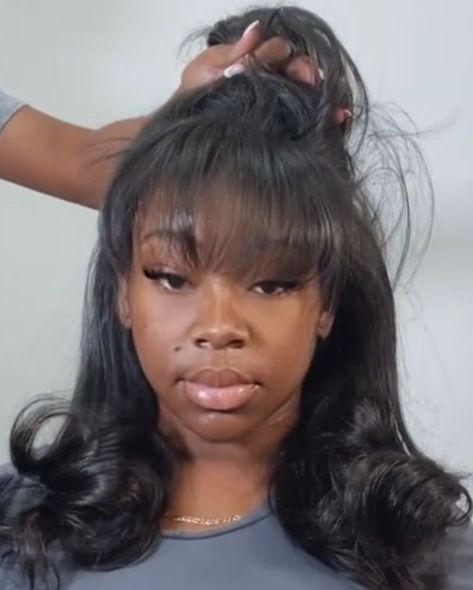 Shoulder Length Hair With Bangs Black Women, Lace Front Wigs Bangs, Lace Front With Bangs And Layers, Sza Hair Bangs, Natural Bangstyle Hair Black Women, Silk Press Curtain Bangs, Bangstyle Hair Long Curly, Silk Press Bangs, Straighten Natural Hairstyles