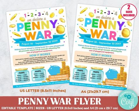 Editable Penny War Fundraiser Flyer, Church Nonprofit PTO PTA Event, School Fundraiser Event, Instant Download Template Pbis Incentives, Penny Wars, School Fundraising Events, Pta Fundraising, Easy Fundraisers, T Shirt Fundraiser, Church Fundraisers, Fundraiser Event, B Smith