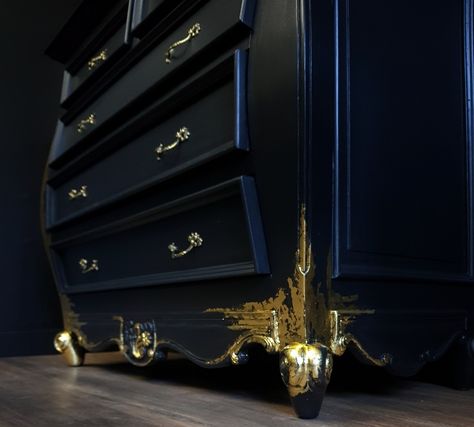 Navy Furniture, Chest Of Drawers Makeover, Black Chest Of Drawers, Black Bookcase, Gold Dresser, Life Vibes, Fusion Paint, Gold Furniture, French Style Furniture