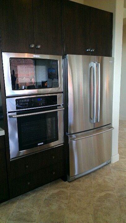 Stove, microwave and fridge next to each other. Must be counter depth fridge. Counter Depth Fridge, Kitchen Rehab, Kitchen Projects Design, Budget Kitchen Makeover, New Westminster, Future Kitchen, Kitchen Solutions, Kitchen Stove, Double Oven