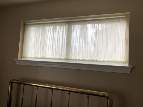 Sheers, how to cover a long narrow window. Basement Window Coverings, Horizontal Windows, Narrow Window, Door Treatments, How To Hang Curtains, Basement Window, Basement Windows, Basement Bedroom, Youth Room