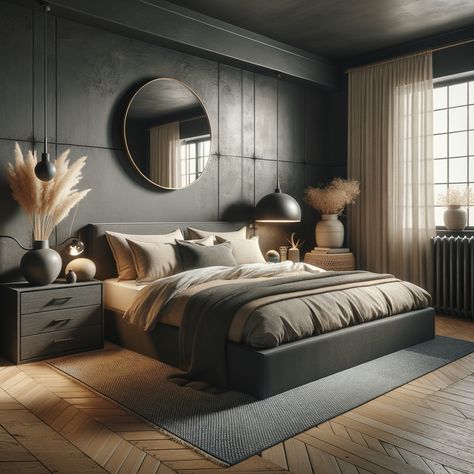 Snug, modern bedroom with dark, Industrial style. King-sized platform bed with neutral pillows and throw blanket. Circular mirror on grey wall, bedside chest with decorative items. Contemporary black lamp, floor-to-ceiling windows with white curtains, plants in vases, jute rug in Slate and navy tones. Warm and welcoming atmosphere. Black And Oatmeal Bedroom, Blue Beige Bedroom Ideas, Bedroom Ideas Black And Beige, Beige And Black Room Aesthetic, Bedroom Inspirations Grey Headboard, Bedroom Dark Grey Bed, Dark Grey Headboard Bedroom, Dark Grey Headboard Bedroom Ideas, Beige And Black Bedroom Ideas