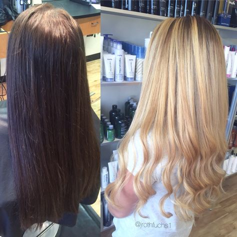 Brown to rooty blonde before and after Brown To Blonde Before And After, Brown To Blonde Hair Before And After, Brown Hair To Blonde, Brown To Blonde Hair, Rooty Blonde, Brown Blonde Hair, Brown To Blonde, Everyday Hairstyles, Brown Hair