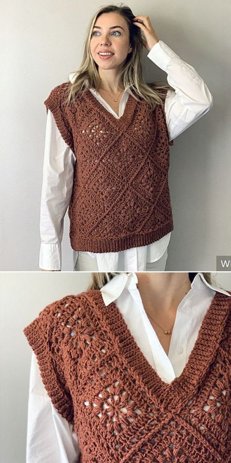 21 Minimalist Crochet Vest Free Patterns for Multilayered Outfits Oversized Vest Crochet Pattern, Vintage Crochet Vest Pattern, Crochet Vest Outfits For Women, Free Crochet Vest Patterns For Women, Crochet Vests Free Patterns, Crochet Slipover, Crochet Patterns Vest, Crochet Vest Pattern Free Boho, Crochet Vest Pattern Free Woman