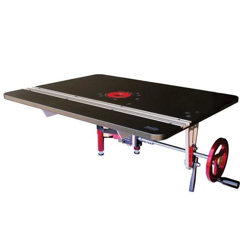 Rather than fitting a separate router lift into a large table opening, the Mast-R-Lift Excel II consists of a integral router lift mechanism securely bolted to the table top resulting in a smooth, flat table surface. Router Table Top, Router Lift, Aluminum Fence, Wood Router, Router Table, Large Table, Ping Pong Table, Drafting Desk, Woodworking Tools