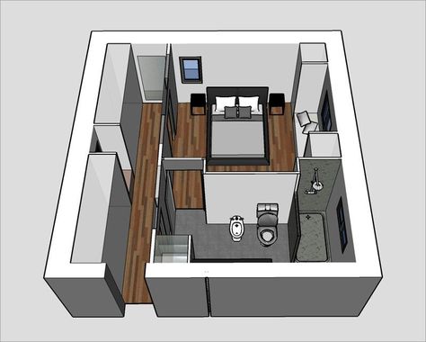 Dormitorio + Baño + Vestidor = Suite. Parents Bedroom, Bedroom Addition, Bedroom Closet Design, Master Room, Bedroom Floor Plans, غرفة ملابس, Bedroom Layouts, Bedroom Flooring, Small Apartment