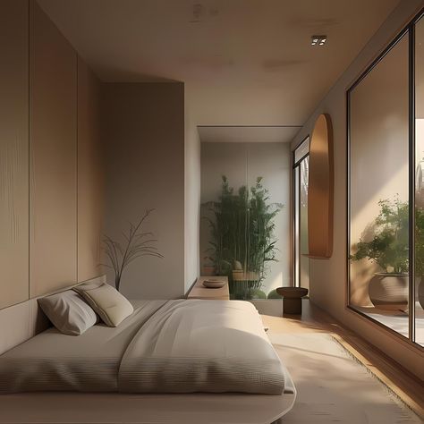 The serene and minimalist Japandi bedroom features an all-beige colour scheme with dark brown accents, boasting floor-to-ceiling windows on one side that offer views of a lush garden. Soft lighting illuminates the space, complementing the muted tones and calming vibes. A small white bed crafted from oak wood and cream linen sheets takes center stage. The room exudes tranquility and elegance, capturing the essence of its minimalist yet inviting atmosphere. 🙋🏻‍♀️Follow @japandiinteriordesign... Minimalist Japandi Bedroom, Japandi Bedroom Design, Japandi Bedroom Ideas, Minimalist Japandi, Bedroom Tile, Japandi Minimalist, Modern Japandi, Japandi Bedroom, Beige Color Scheme