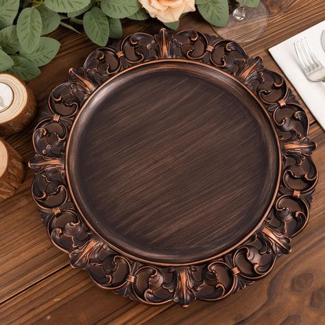 PRICES MAY VARY. Quantity: 6 Charger Plates Material: Acrylic Plastic Color: Dark Brown Style: Aristocrat Retro Baroque Rim Plate Diameter: 13" Inner Diameter: 9" Depth: 0.25" Shape: Round Thickness: 4mm PREMIUM QUALITY: These charger plates are made from high-quality premium material. This elegantly shimmering piece comprises shiny material crafted with the utmost perfection. To make things swankier, we have designed it on the master of luster. Strong snd sturdy. CAPTURES ATTENTION: These plate Acrylic Charger Plates, Wooden Chargers, Crystal Centerpieces, Elegant Dinner Party, Burlap Table Runners, Metal Dining Table, Elegant Dinner, Crystal Glassware, Brown Style