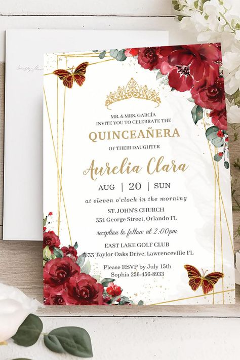 Chic Quinceañera Red Flowers Floral Gold Butterfly Invitation Quinceanera Red, Butterfly Invitation, Elegant Birthday Invitations, Lollipop Party, Quince Invitations, Butterfly Invitations, Mexican Spanish, Floral Birthday Invitations, Magenta Flowers