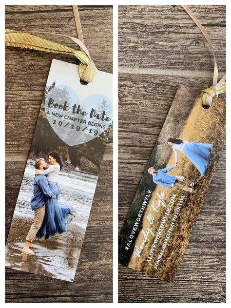 Save the Date bookmarks designed in Canva and printed with a local print shop. Wedding Bookmarks Favors, Bookmark Wedding Invitations, Bookmark Save The Date, Book Themed Save The Dates, Bookmark Save The Date Wedding, Save The Date Bookmark, Literary Wedding Theme, Unique Save The Dates Magnets, Book Lovers Wedding