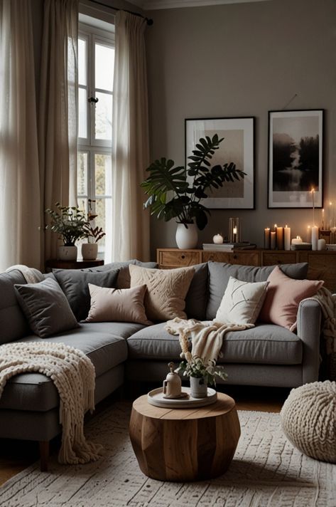 Wall Decor Living Room Grey Sofa, Decorating Sitting Room Ideas, Front Living Room Designs, Spa Inspired Living Room, Second Living Room Ideas Small Spaces, Cost Living Room Ideas, Small Living Room Ideas Aesthetic, Living Room Decor Cozy Apartment, Warm Cozy Living Room Aesthetic