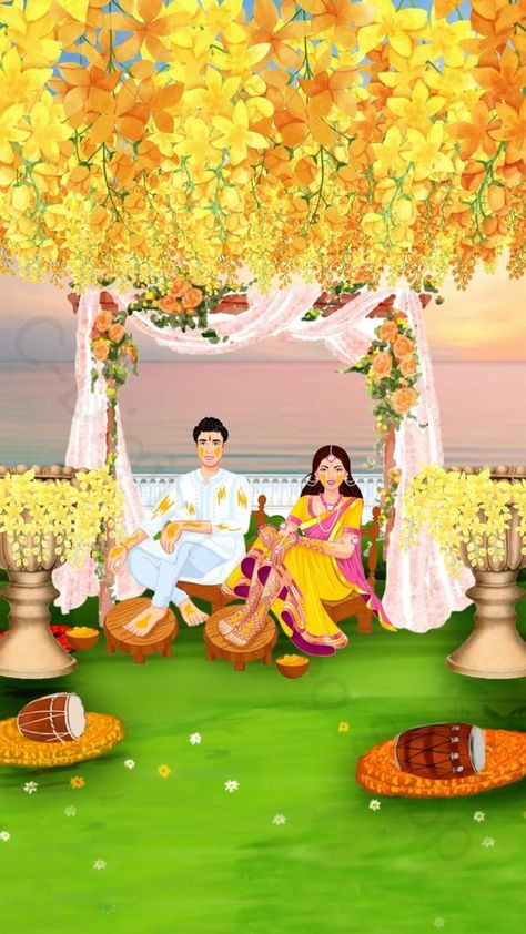 Haldi Card, Haldi Video, Haldi Invitation, Blank Wedding Invitation Templates, Yellow Wedding Decorations, Gaye Holud, Wedding Illustration Card, Caricature Wedding Invitations, Blank Wedding Invitations