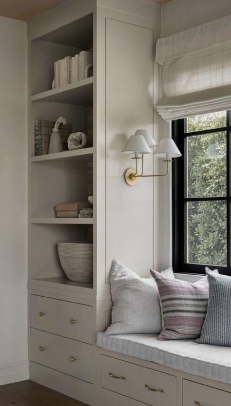 Built In Bench Around Window, Built In With Bench Seat, Window Seat With Shelving, Storage Nook, Built In Bench Window, Window Seat With Built In Bookcases, Window Seat Master Room, Window Seat Bookshelves, Window Seat Pull Out Bed