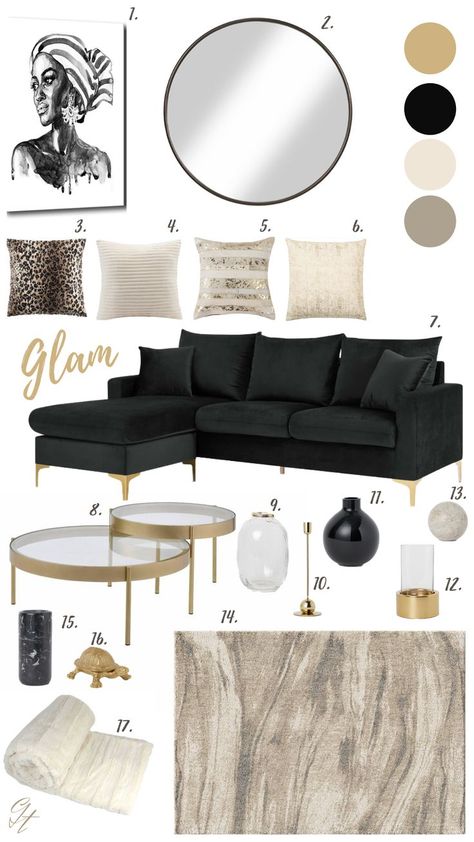 Black Living Room Sofas, Black Couch White Walls Living Room, Black And Good Living Room, Black And Gold Couch Living Room, Black White Grey Gold Living Room Rugs, Modern Living Room Decor Neutral, Black Gold White Living Room Decor, Black And Gold Living Room Area Rugs, Living Room Designs Black And Gold