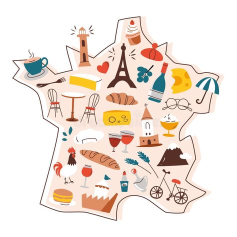 France map with doodles, french national symbols on country shape, travelling to Paris, Eifel tower vector illustration stock photography Paris Doodles, Paris Vector, Map Illustration, Illustration Photo, National Symbols, France Map, Country Maps, Photography Illustration, Illustrated Map