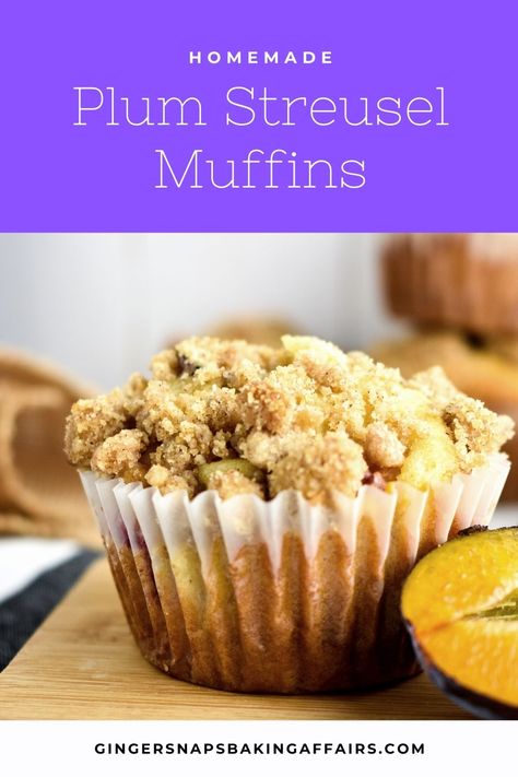 Bakery-style breakfast streusel muffins filled with fresh and juicy plums. These easy to make homemade plum muffins are simply the best, especially when topped off with a crunchy and sweet cinnamon brown sugar streusel! Enjoy these moist and tender muffins all day long. #plummuffins #plums #freshfruit #muffins Banana Plum Muffins, Stanley Plum Recipes, Plum Muffins Recipe, Plum Breakfast Recipes, Easy Plum Recipes, Recipes Using Plums, Plum Recipes Dessert, Recipes With Plums, Breakfast Streusel