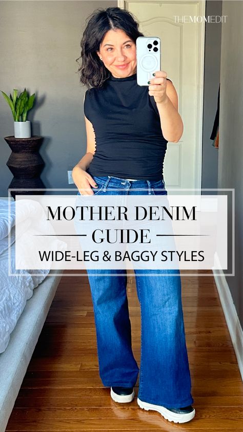 Whether you're just curious about the MOTHER jeans hype or already a fan yourself & looking to invest in another pair, start with this MOTHER denim guide... #TheMomEditStyle #FashionBlog #OutfitInspo #StyleTips #MotherDenim #BestJeans #WideLegJeans #BaggyJeans #DenimReview Flats With Wide Leg Jeans, Wide Leg Jeans Dressed Up, Mother Weekender Jeans Outfit, Mother Jeans Denim, Best Wide Leg Jeans For Women, What To Wear With Loose Jeans, Mother Denim Outfit, Wide Leg Jeans Outfit Over 40 Women, How To Wear Loose Jeans