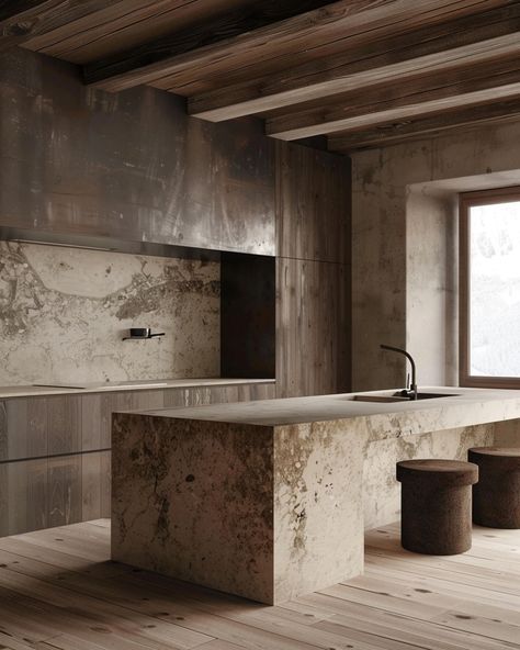 Rustic Concrete Kitchen, Raw Wood Interior Design, Tulum Inspired Kitchen, Green Stone Kitchen, Stone Island Kitchen, Wood And Stone Kitchen, Brutalist Kitchen, Concrete And Wood Kitchen, Rustic Kitchen Island Ideas