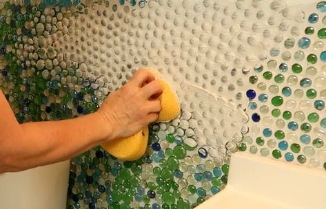 Dollar Store Gem Back Splash - Part 2 | Hometalk Glass Back Splash, Diy Home Decor For Apartments, Diy Kitchen Backsplash, Diy Backsplash, Bathroom Decor Luxury, Dollar Store Hacks, Bathroom Diy, Bathroom Backsplash, Diy Bathroom Decor