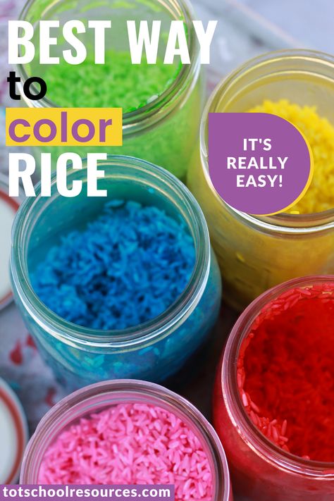 Need to know how to dye rice for sensory play, weddings, decor, or other crafts? It's simple really. Use this easy how to and you'll have colored rice in no time! Kids can even help make it! #howtodyerice #coloredrice #rainbowrice Colored Rice How To Make, How To Dye Rice For Sensory Play, Dye Rice, Craft Activities For Toddlers, Summer Preschool Activities, Color Rice, Rainbow Rice, Colored Mason Jars, Sensory Ideas