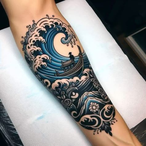 Japanese Tsunami Tattoo, Copyright Tattoo Year, Neotraditional Waves Tattoo, Japanese Boat Tattoo, Arm Tattoo Men Color, Patch Work Tattoos On Men, Stripe Tattoo Arm Men, Japanese Wave Tattoo Sleeve, Traditional Water Tattoo