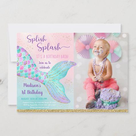 Purple First Birthday, Pink Gold Birthday, Mermaid Pink, Gold Mermaid, Mermaid Birthday Invitations, Mermaid Under The Sea, Under The Sea Party, Mermaid Birthday Party, Birthday Invitations Girl