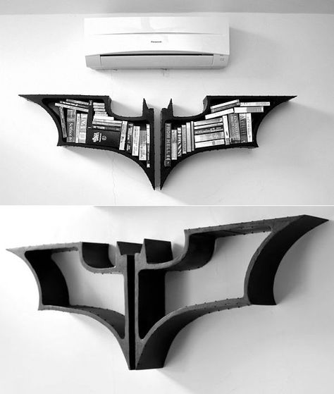 Ingeniously Designed Bookshelf In The Form Of Nolan’s Batman Symbol #shelf #shelfdeign #shelving #modernshelving #batmanshelf Unique Man Cave Ideas, Batman Shelf, Batman Room Decor, Batman Room, Man Cave Accessories, Man Caves, Gamer Room, The Batman, Book Shelf