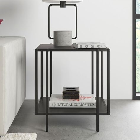 Tess Square Black Metal and Glass Top Side Table - World Market Bronze Side Table, Glass End Table, Contemporary Shelving, Glass Top End Tables, Glass Top Side Table, End Table With Storage, Contemporary Side Tables, Glass End Tables, Metal Shelf