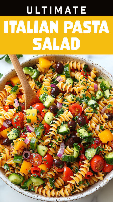 There’s something incredibly satisfying about a pasta salad that feels hearty, fresh, and bursting with flavors. This Veggie Loaded Pasta Salad with Italian Dressing brings together crisp seasonal vegetables, al dente pasta, and a tangy, zesty homemade Italian dressing to create a dish that’s as nourishing as it is delicious. Loaded Italian Pasta Salad, Warm Italian Pasta Salad, Meatless Pasta Salad, Cold Pasta Salad With Italian Dressing, Gf Pasta Salad, Pasta Salad Recipes Italian, Pasta Salad Recipes With Italian Dressing, Healthy Italian Pasta Salad, Veggie Loaded Pasta