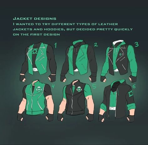 Ninja Clothes Reference, Character Outfits Ideas, Character Design Villain, Super Hero School Ideas, Green Hero Costume Design, Jacket Drawing Reference, Cool Superhero Suit Designs Male, Green Lantern Oc, Cool Superhero Suit Designs