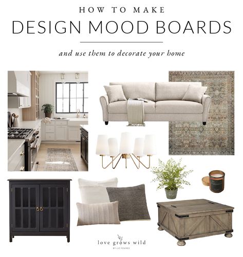 Interior decorator and home blogger Liz Fourez shares an easy method for creating design mood boards and shows how to use them to help decorate your home! Home Decor Mood Board, Decor Mood Board, Mood Board Living Room, How To Make Home, Mood Board Interior, Design Mood Board, Contemporary Living Room Design, Interior Design Concepts, Interior Design Mood Board