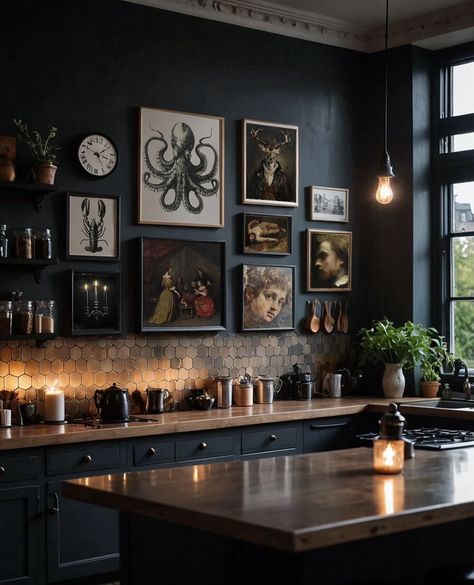 Dark Academia Kitchen, Octopus Print, Dark Home Decor, Goth Home Decor, Dark Home, The Octopus, Dark Interiors, Dark Gothic, Gothic Home Decor