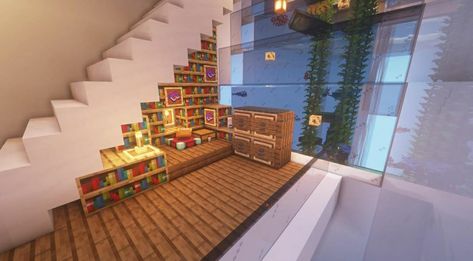 Indoor Stairs Minecraft, Minecraft Interior Stairs, Desert Library, Cute Minecraft, Minecraft Town, Minecraft Hacks, Houses Minecraft, Minecraft Interior, Minecraft Interior Design