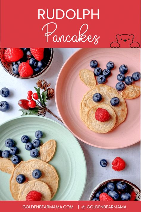 Rudolph Pancakes - Golden Bear Mama Rudolph Pancakes For Kids, Rudolph Pancakes, Reindeer Pancakes, Pancake Party, Christmas Buffet, Banana Pancakes Recipe, Breakfast Prep, Golden Bear, Christmas Brunch