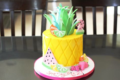 Two-tti Fruity Cake Tutti Fruity Cake Second Birthday Tutti Fruity Cake, Tutti Fruity Party, Twotti Fruity, Tutti Frutti Birthday Party, Birthday 15, Fruit Birthday Party, 2nd Birthday Party For Girl, Pineapple Birthday, Fruity Cake