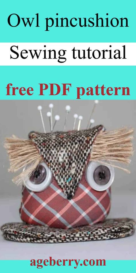 Cute owl pincushion: sewing tutorial plus free pattern Owl Pincushion, Owl Sewing Patterns, Sewing For Dummies, Owl Sewing, Learn Sewing, Pin Cushions Patterns, Tutorial Sewing, Beginner Sewing Projects, Free Pdf Pattern