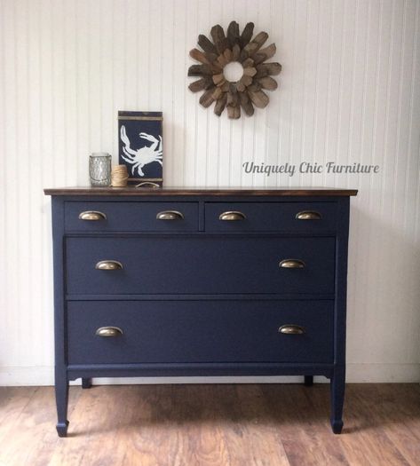 Navy Painted Furniture, Nautical Dresser, Navy Dresser, Dresser Flip, Navy Blue Dresser, Nautical Themed Bedroom, Stained Dresser, Navy Furniture, Brass Cup Pulls