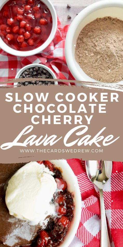 This Chocolate Cherry Lava Cake recipe is made in a slow cooker and is gooey chocolate masterpiece that is amazing topped with ice cream and served warm! Made with cherry pie filling, devil food cake mix, sweetened condensed milk and chocolate chips, it's such an easy slow cooker dessert idea! #slowcooker #dessert #crockpot #chocolate #cherry Crock Pot Cake, Cherry Crockpot Dessert, Slow Cooker Desserts Easy, Crock Pot Chocolate Lava Cake, Crockpot Cherry Pineapple Dump Cake, Cherry Cobbler With Cake Mix Easy Crockpot, Slow Cooker Cherry Dump Cake, Crockpot Cake Recipes, Crockpot Lava Cake