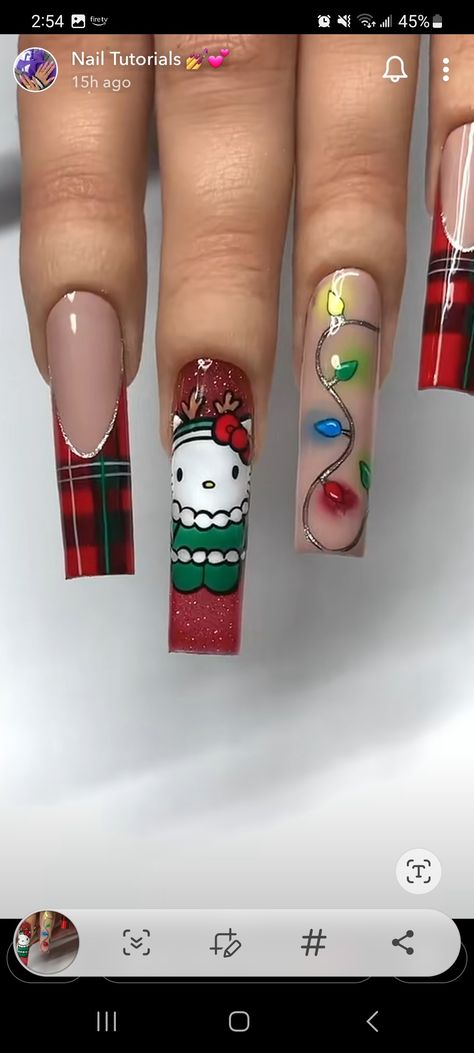 Christmas Nails Short Plaid, Hello Kitty Nails Christmas, Christmas Nails Hello Kitty, Christmas Nails Acrylic Short Square, Nails For Xmas, Hello Kitty Christmas Nails, Plaid Christmas Nails, Paint Plaid, Christmas Nails 2022